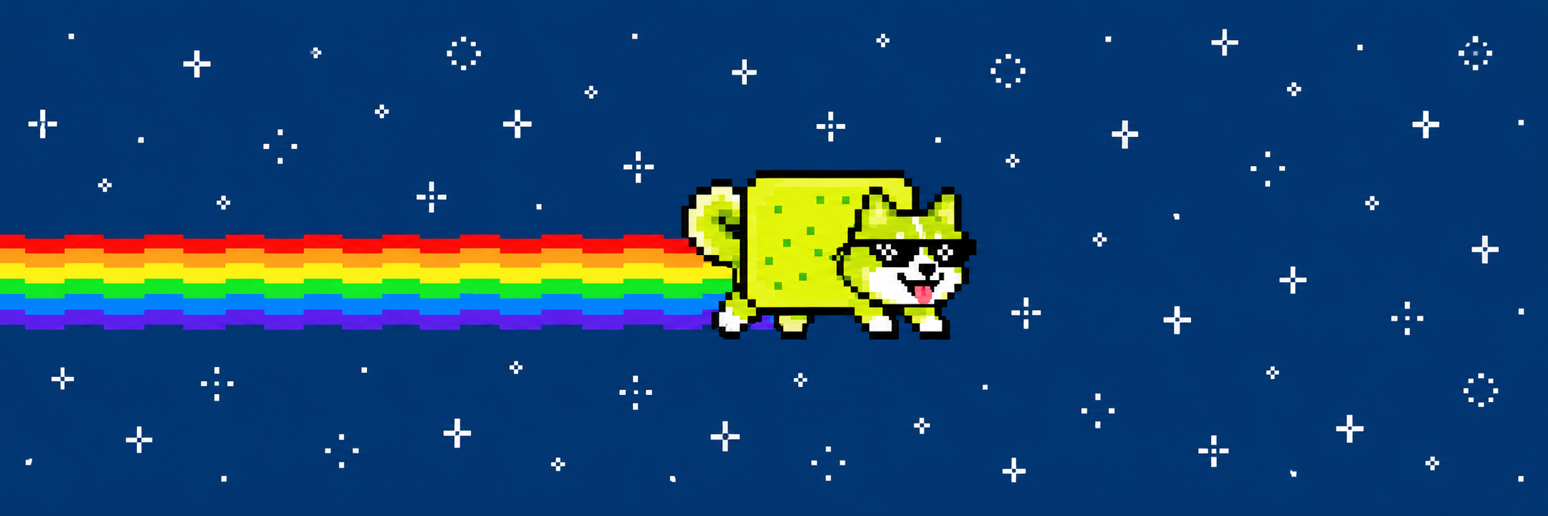 Lime green pixel dog wearing sunglasses, flying through blue space with a rainbow trail.